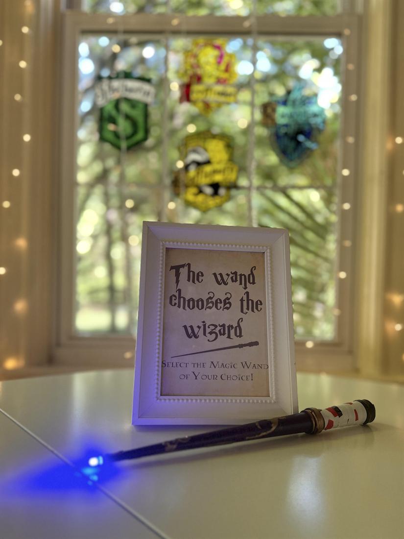 A child using a science-themed wand project at an Exploratores birthday party